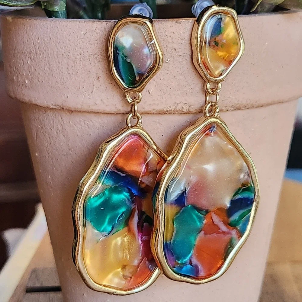 Multicolor Resin Mosaic Gold Tone Organic Shape Drop Dangle Earrings Statement
